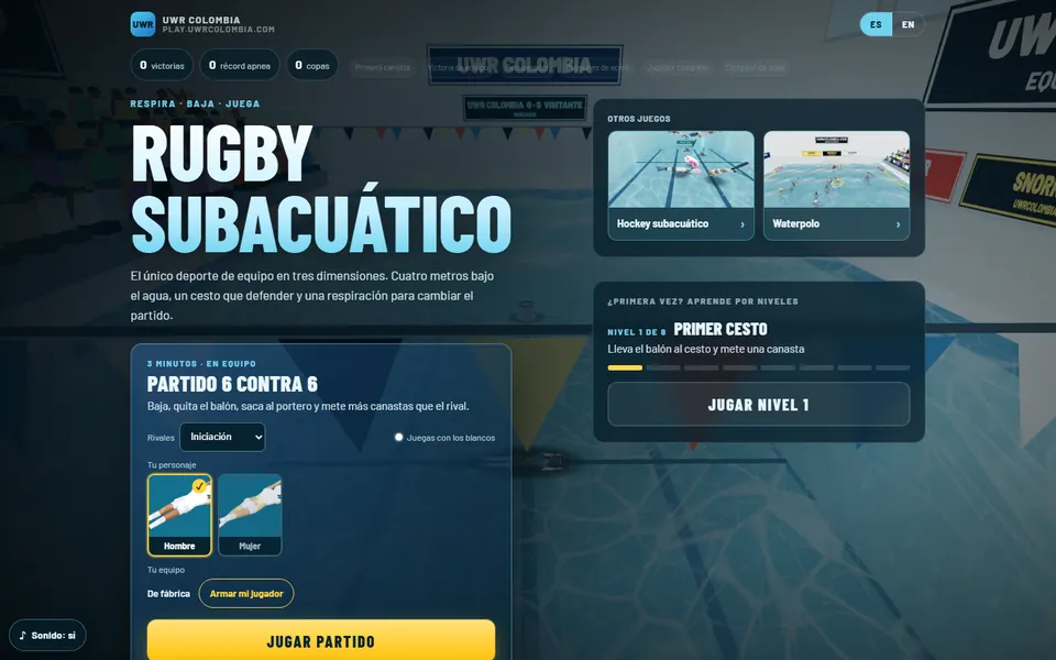 Menu of UWR Play, a 3D underwater rugby game